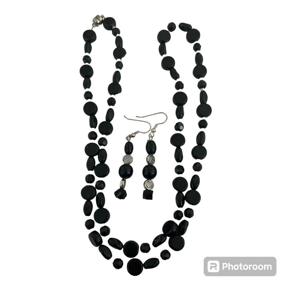 Artisan Made Black Glass Beaded Necklace & Earring Set
